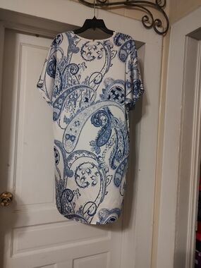 White Dress with Blue Paisley Print